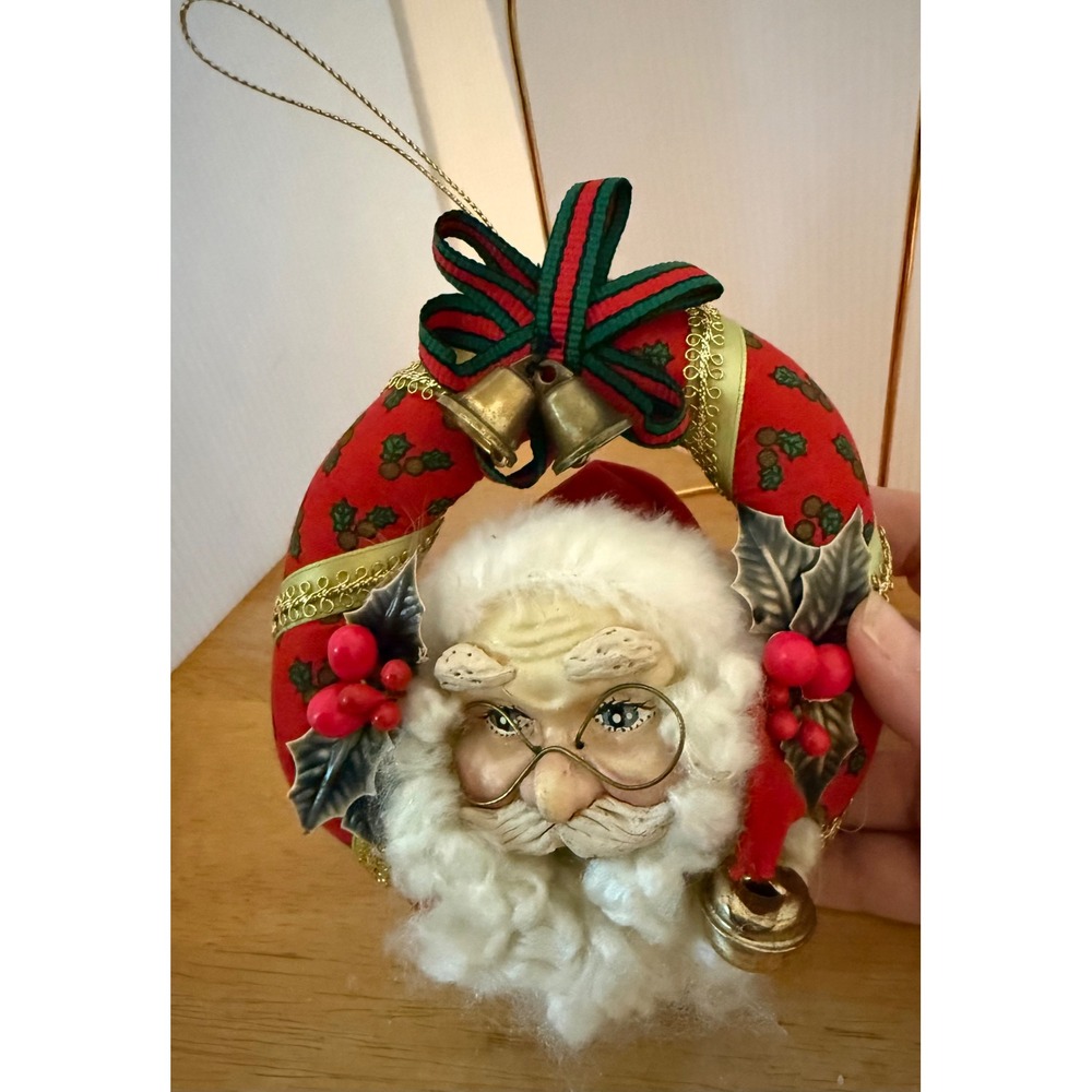 Santa Wreath Christmas Holiday Ornament Red Vintage Fabric Bells Glasses